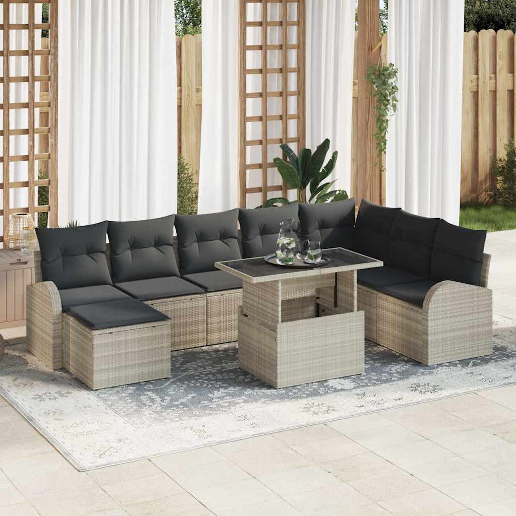 Garten-Sofa-Set mit Speicher 9 pcs Hellgrau Poly Rattan